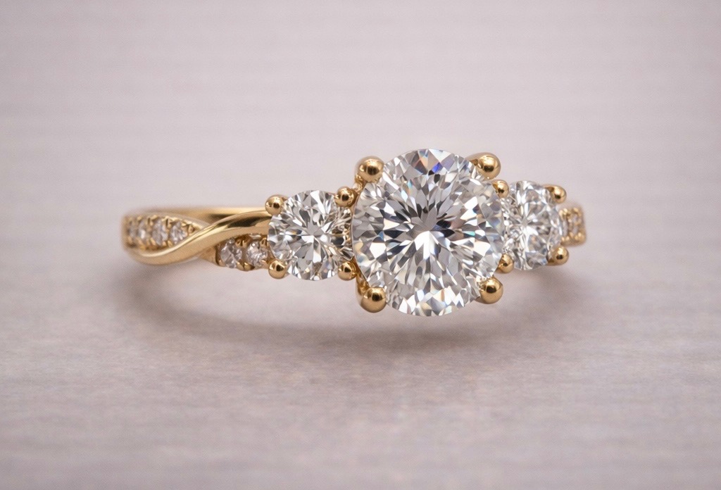 three stone round engagement ring with a twist setting in yellow gold